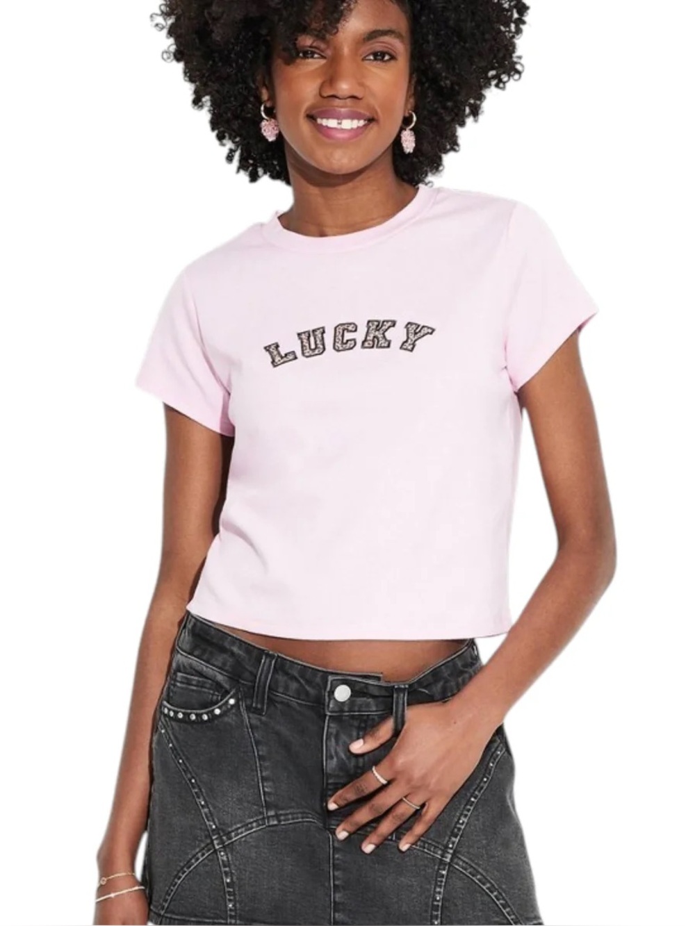 T138 Zoe + Liv Light Pink “Lucky” Graphic Cropped Tee - Size: 3X